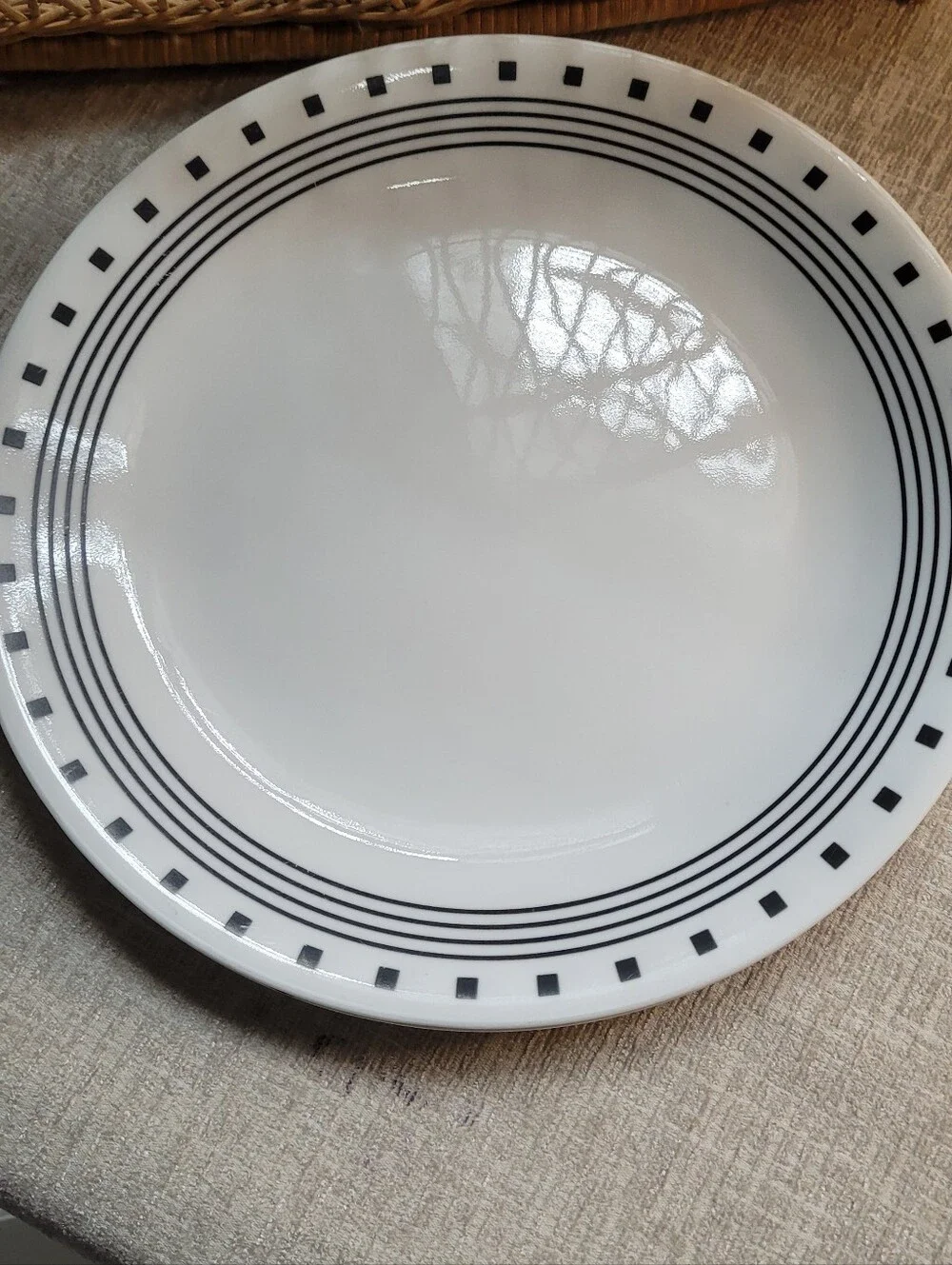 Corelle City Block White Ceramic Dinner Plate with Black Geometric Rim